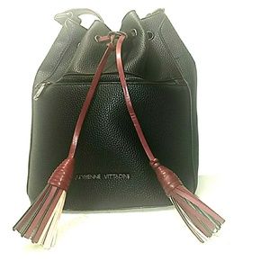 Adrienne Vittadini Black Bucket Bag with Tassels